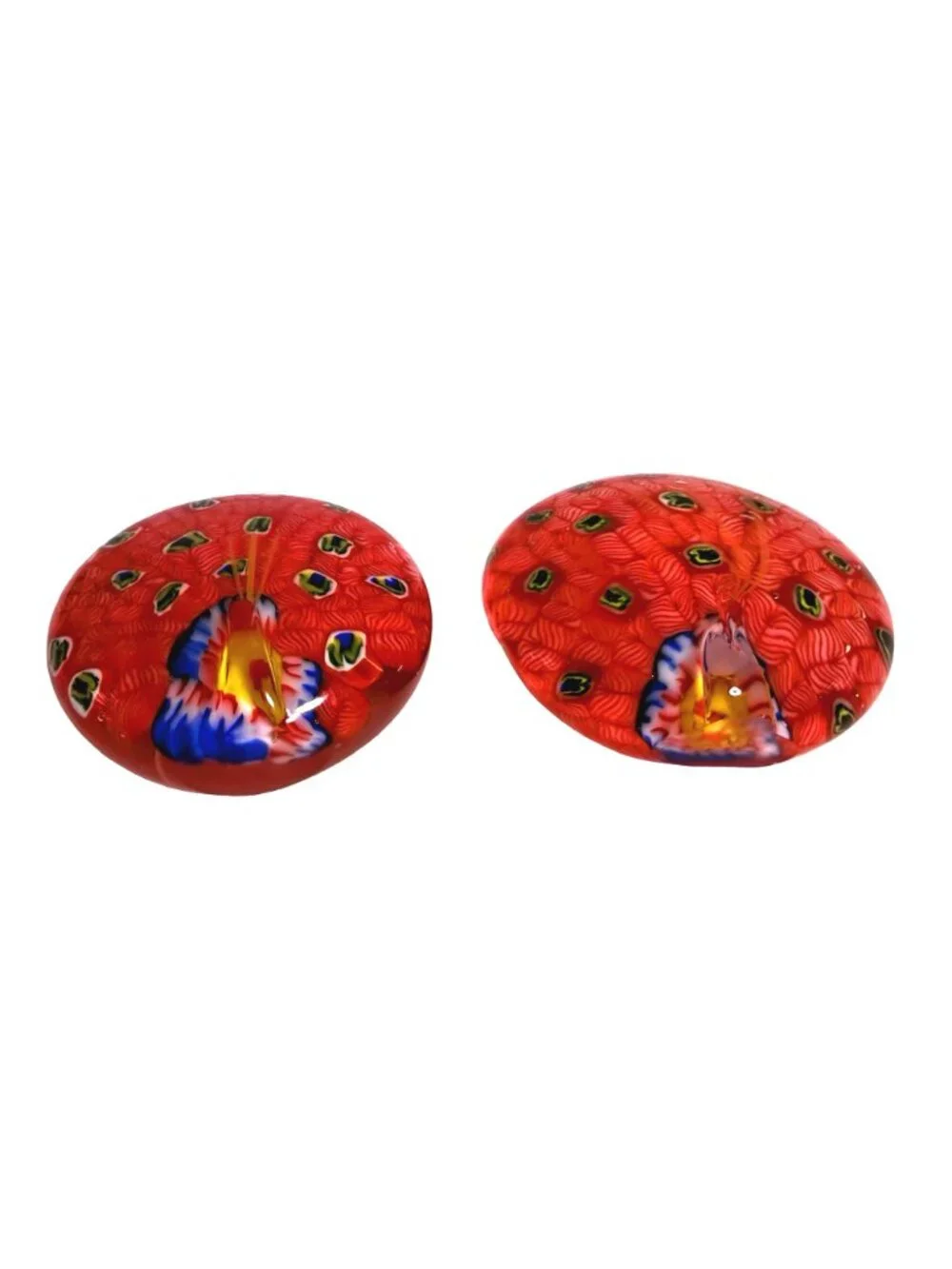 Art Glass Peacock Paperweights Red/White Multicolor Millefiori Design Set of 2